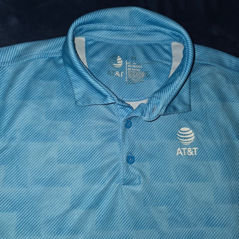 AT&T Mens Polo Shirt Medium Blue Geometric Stripe Short Sleeve Performance Logo